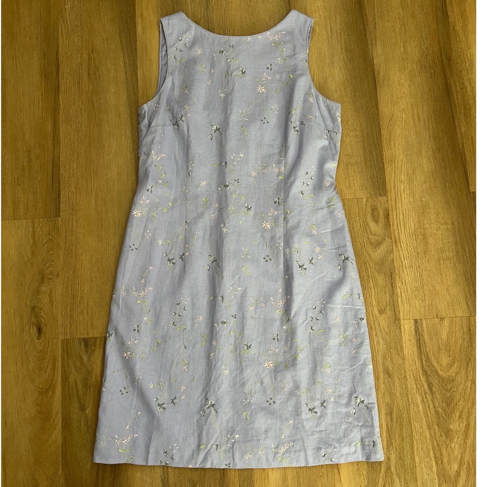 Vintage lavender Linen Floral Embroidered Sleeveless Shift Dress 14 preppy